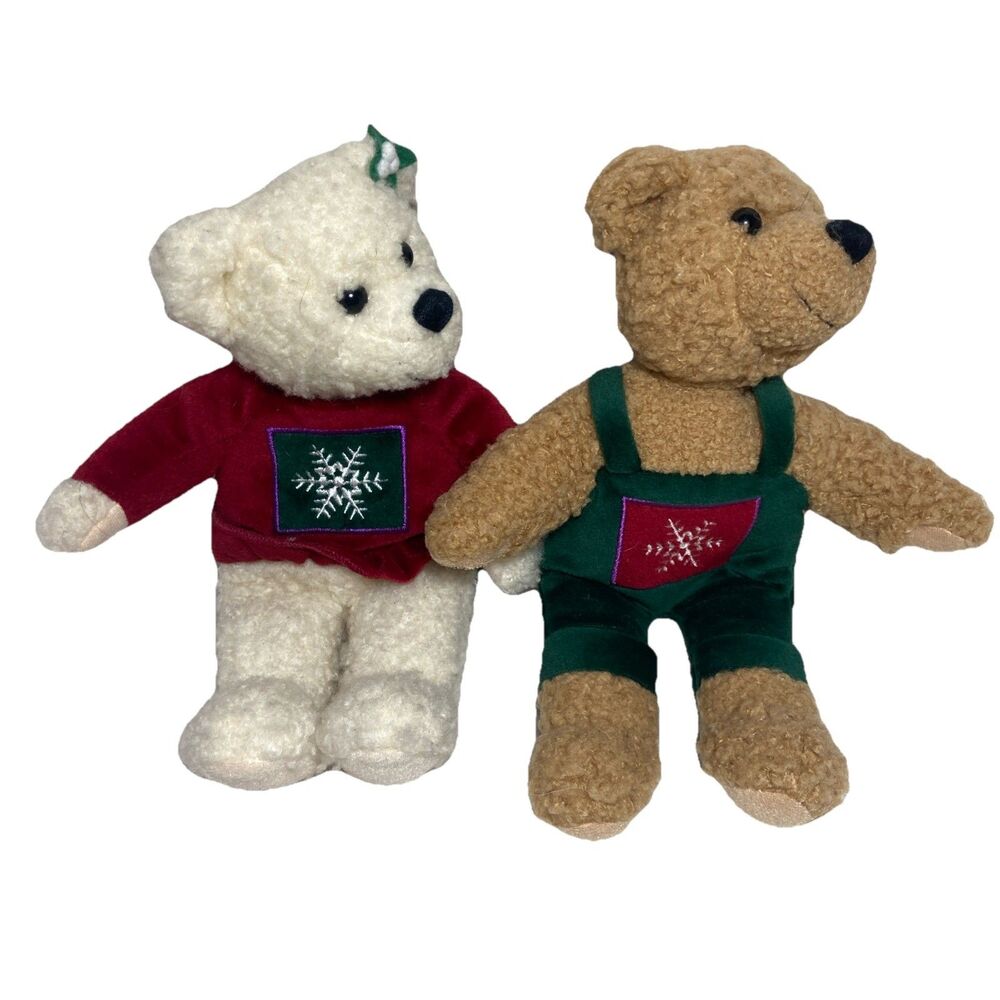 Hallmark Plush Kissing Mistletoe Teddy Bears Brown White Magnetic Mouth Set